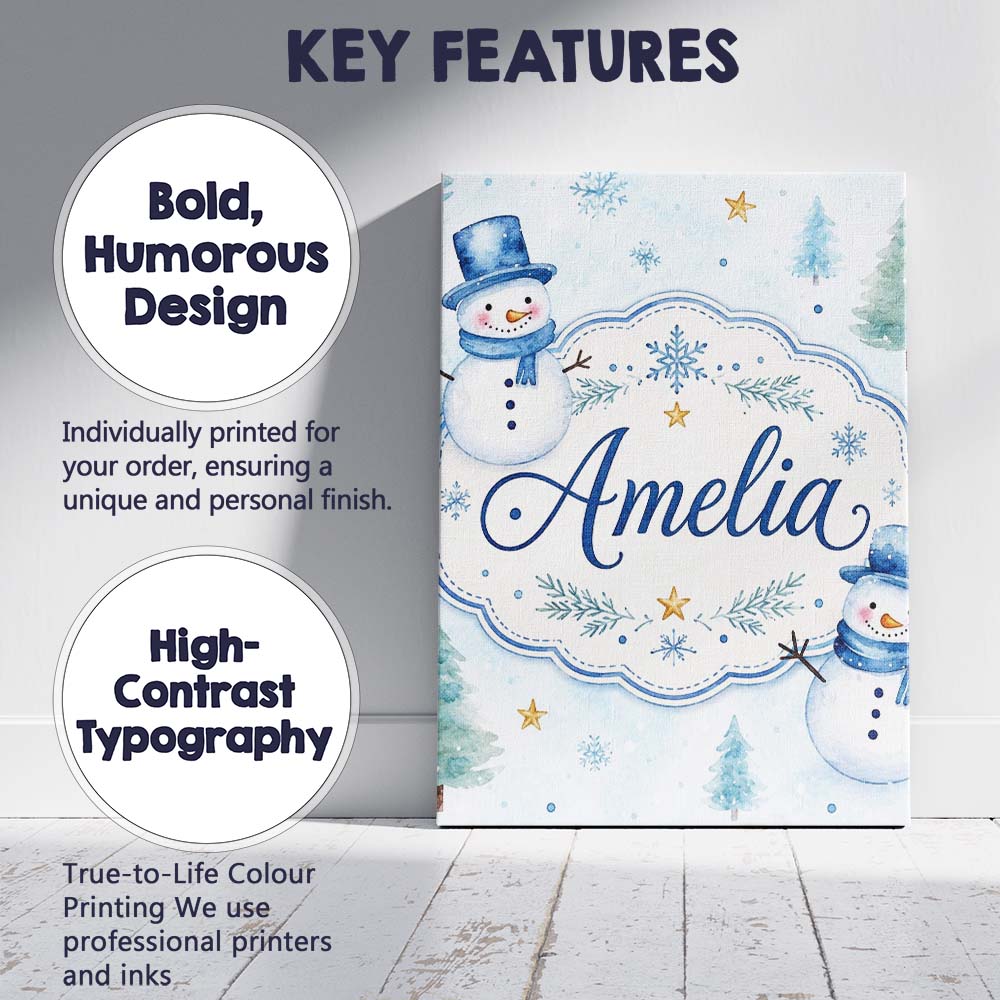 Personalised Name Cute Snowman Winter Trees Custom Bespoke Interior Contemporary Canvas Wall Art Print Decor Picture Ready to Hang