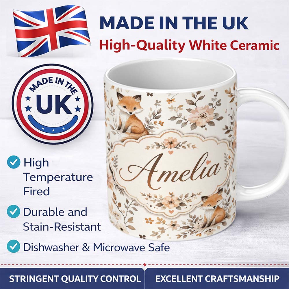 Personalized Custom Name Cute Watercolor Fox with Floral Leaves Seamless Pattern Lovely 11oz Ceramic Coffee Tea Mug White Large Handle