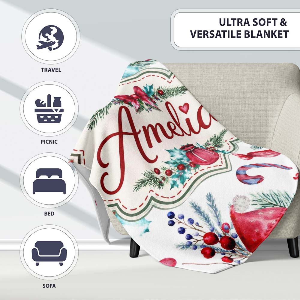 Watercolor Christmas Gnome Candy Cane Tree Hearts Festive Seamless Personalised Custom Name Super Soft Fleece Blanket Bed Sofa Throw