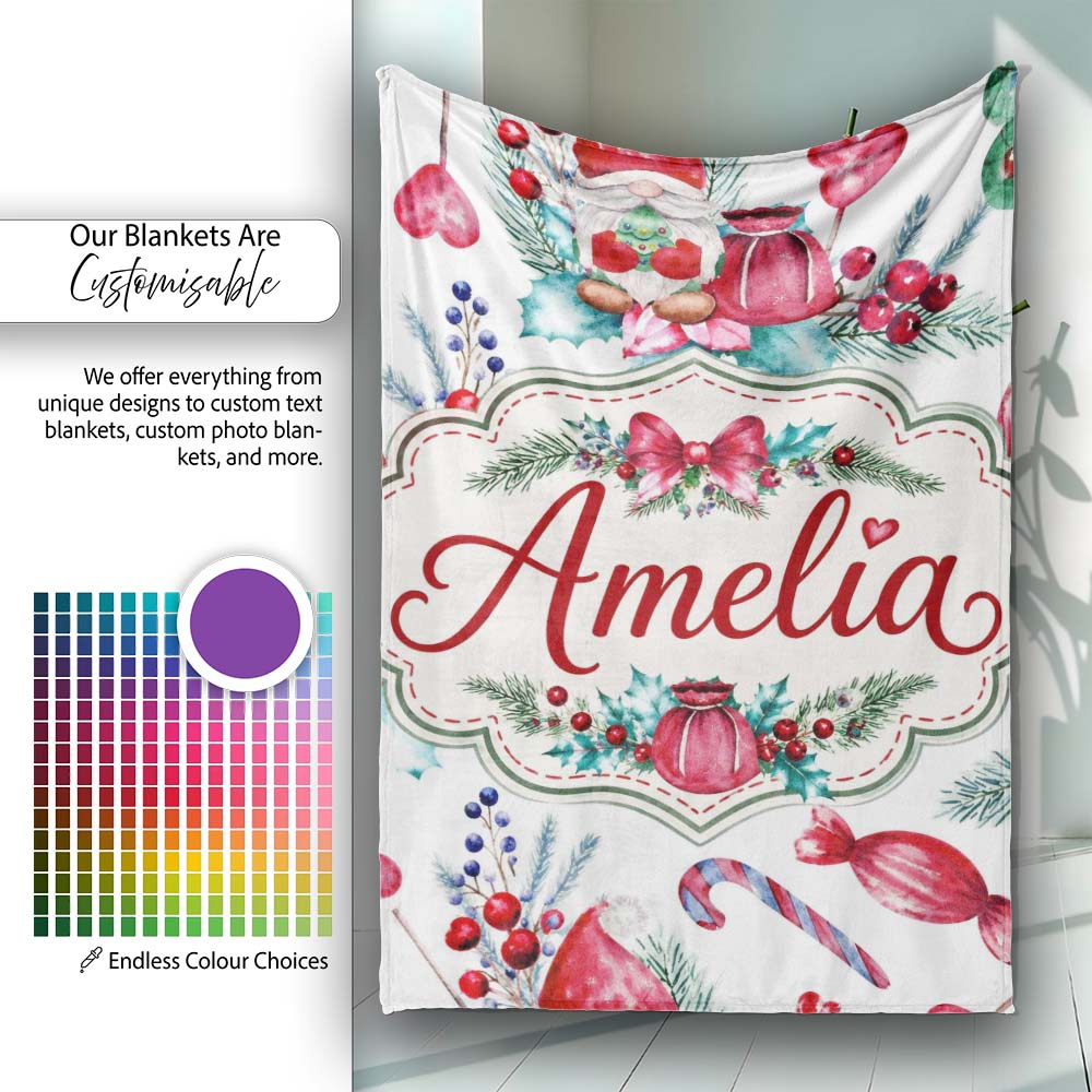 Watercolor Christmas Gnome Candy Cane Tree Hearts Festive Seamless Personalised Custom Name Super Soft Fleece Blanket Bed Sofa Throw