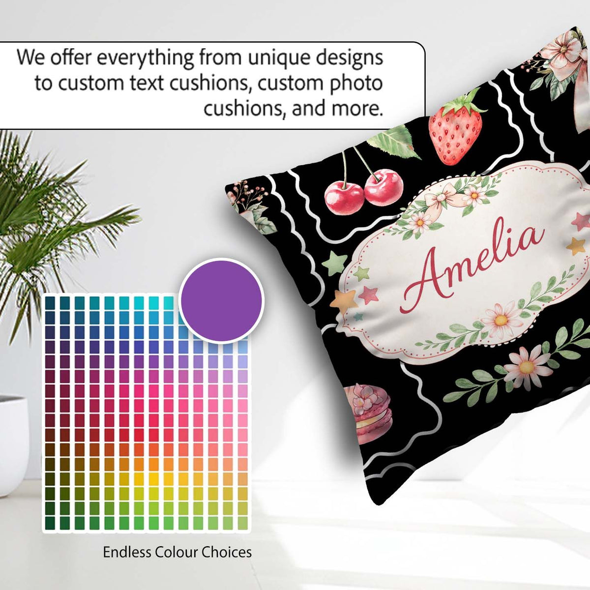 Custom Name Strawberry Cherry Bow Seamless White Coquette Kawaii Square Filled Cushion Throw Pillow Sofa Bed Home Decor Zip Washable UK Made