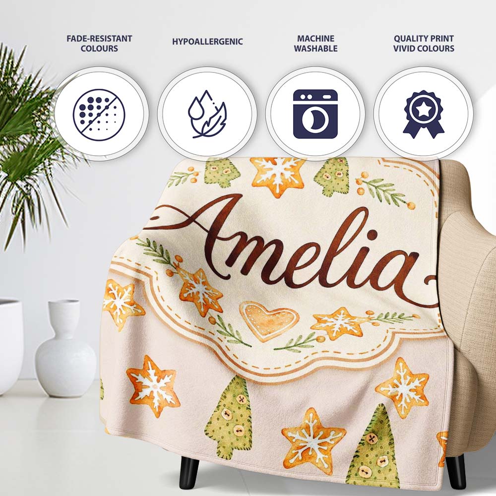 Watercolor Christmas Cookies Stars Hearts Trees Festive Seamless Personalised Custom Name Super Soft Fleece Blanket Bed Sofa Throw