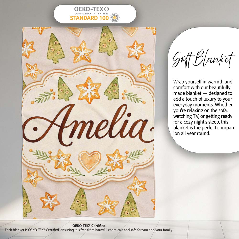 Watercolor Christmas Cookies Stars Hearts Trees Festive Seamless Personalised Custom Name Super Soft Fleece Blanket Bed Sofa Throw
