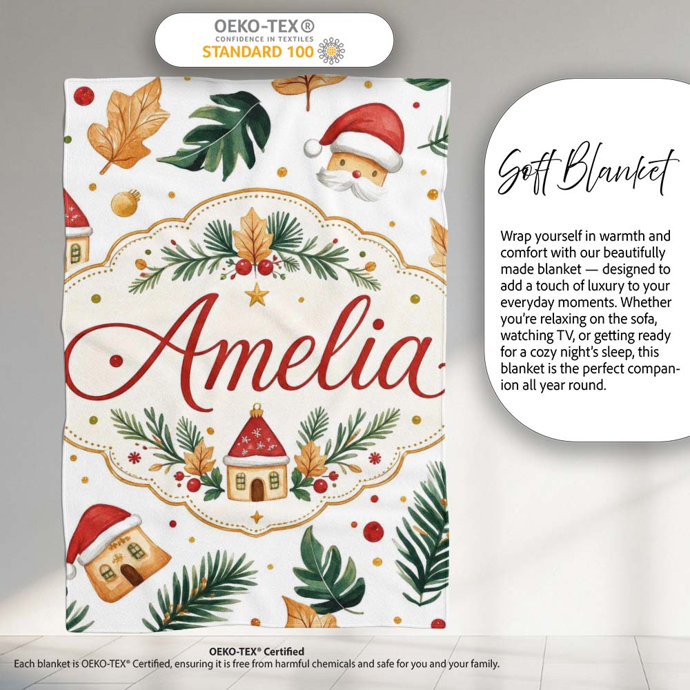 Festive Christmas Leaves Santa Houses Baubles Watercolor Seamless Personalised Custom Name Super Soft Fleece Blanket Bed Sofa Throw