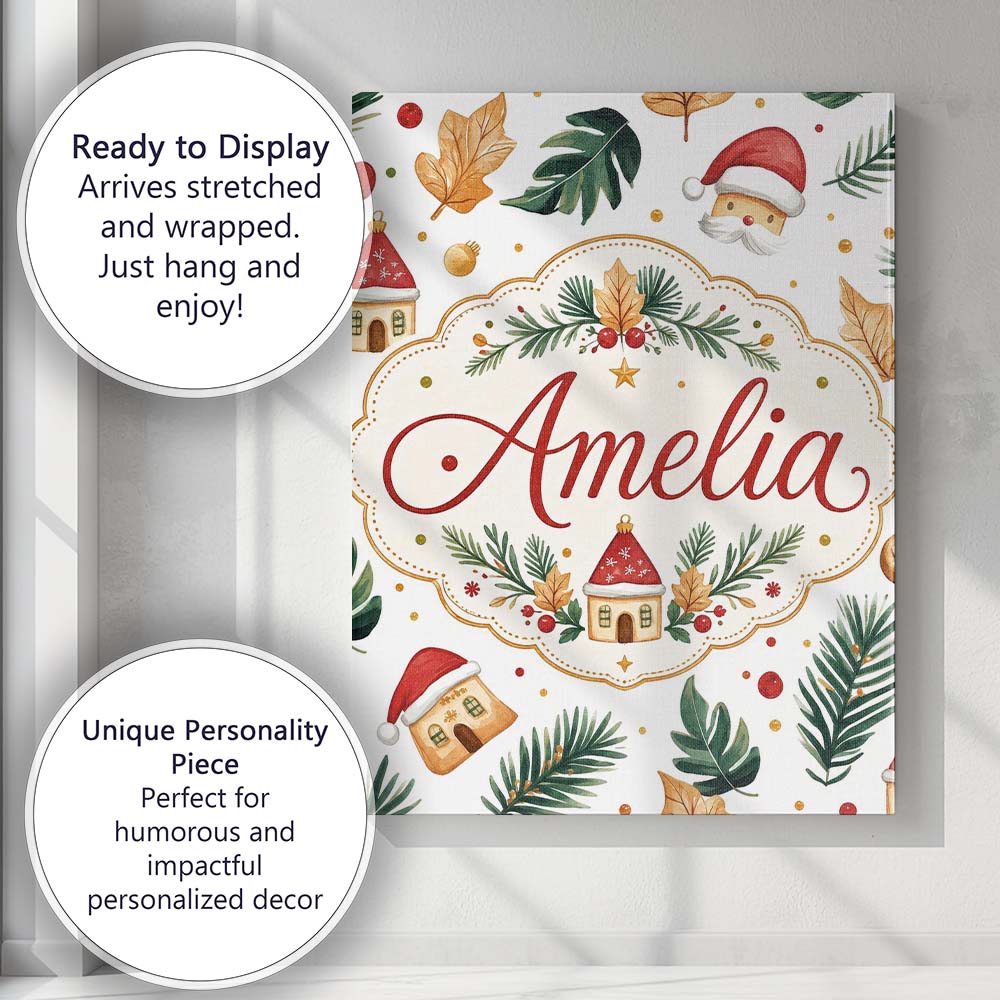 Personalised Name Festive Christmas Leaves Custom Unique Gift Idea Elegant Feature Canvas Wall Art Print Decor Picture Ready to Hang