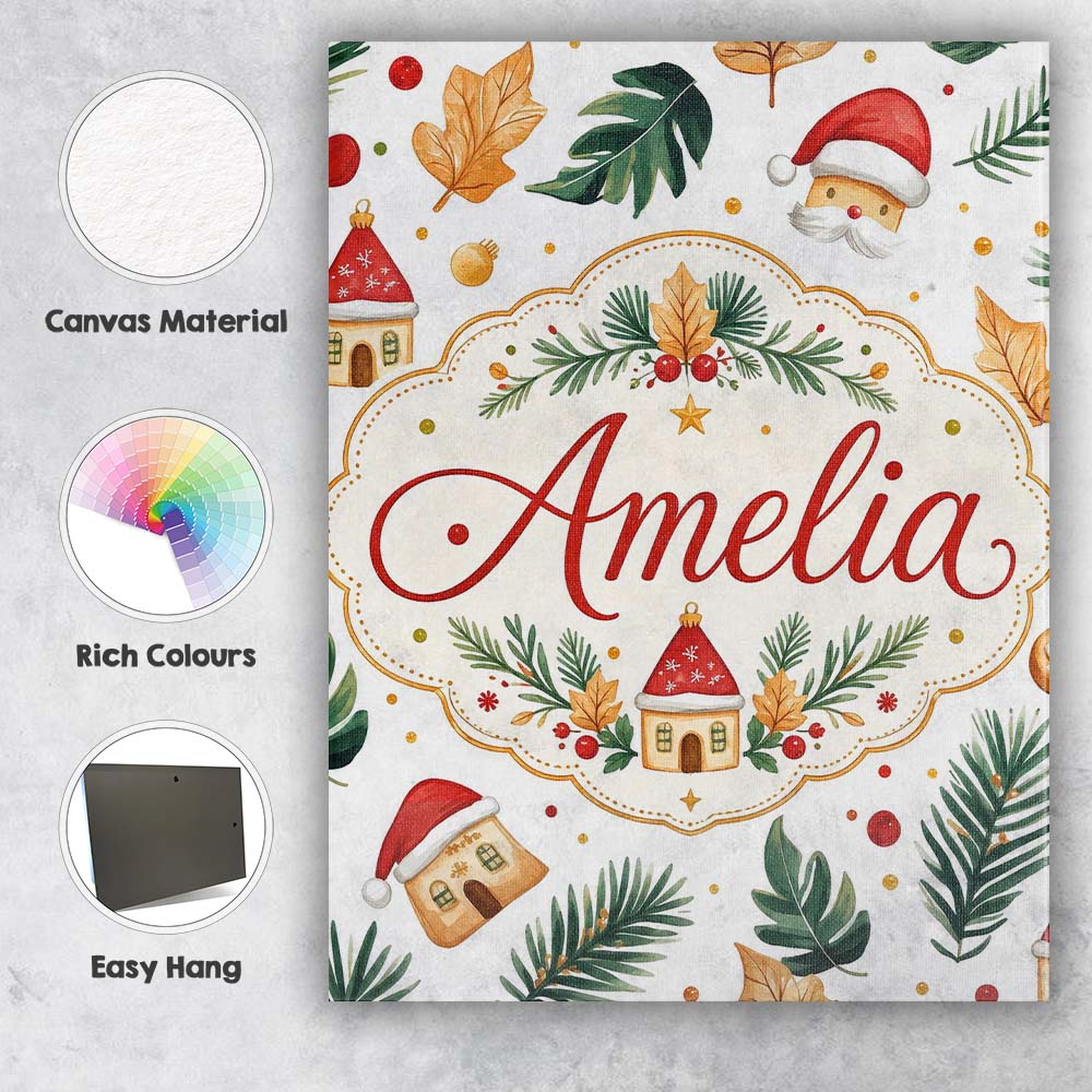 Personalised Name Festive Christmas Leaves Custom Unique Gift Idea Elegant Feature Canvas Wall Art Print Decor Picture Ready to Hang