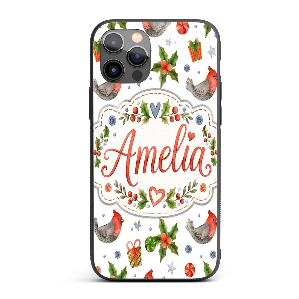 Cute Christmas Birds Gifts Holly Hearts Festive Custom Name Protective Phone Case Mobile Cover Durable Everyday Smartphone Shock Resistant