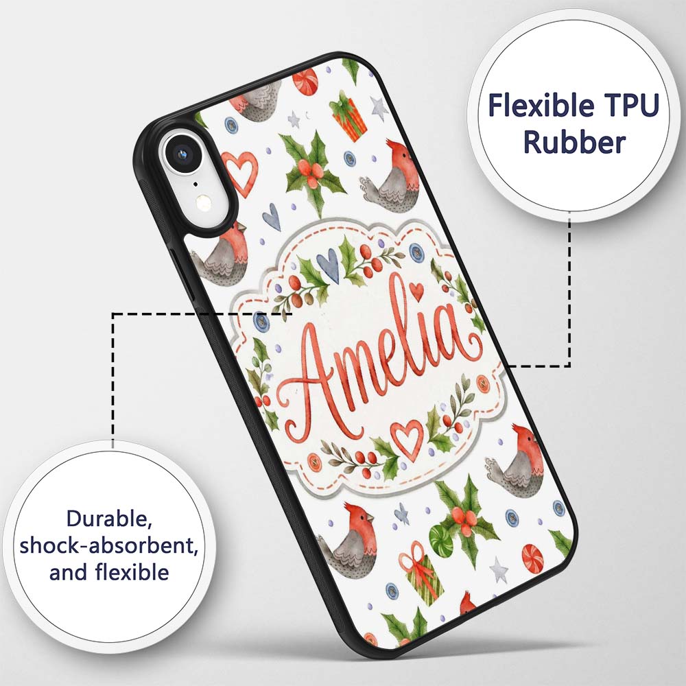 Cute Christmas Birds Gifts Holly Hearts Festive Custom Name Protective Phone Case Mobile Cover Durable Everyday Smartphone Shock Resistant