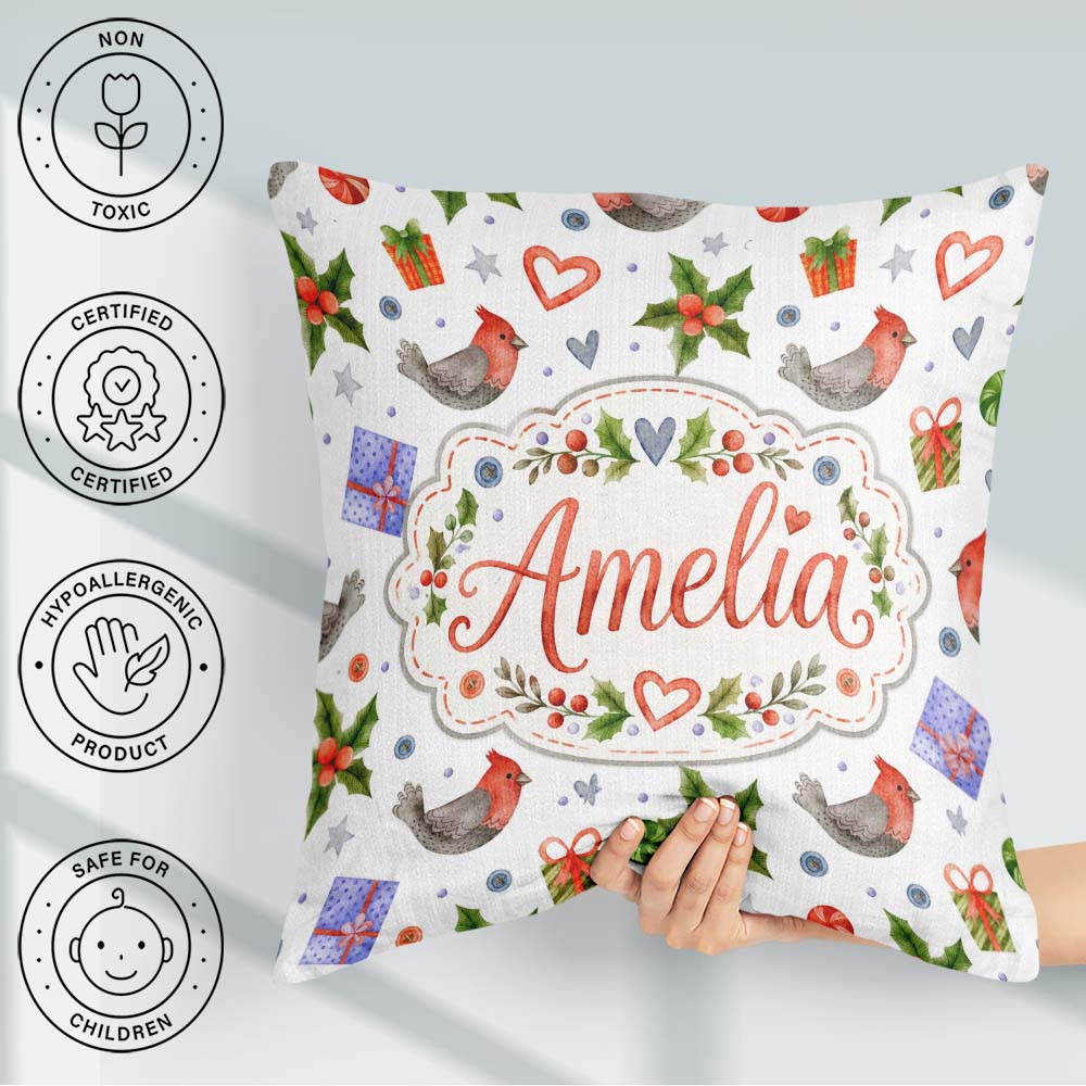 Custom Name Birds Gifts Holly Hearts Festive Watercolor Seamless Square Filled Cushion Throw Pillow Sofa Bed Home Decor Zip Washable UK Made