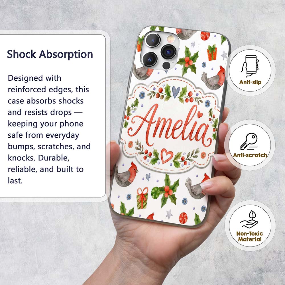 Cute Christmas Birds Gifts Holly Hearts Festive Custom Name Protective Phone Case Mobile Cover Durable Everyday Smartphone Shock Resistant