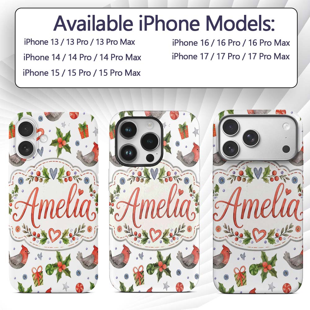 Cute Christmas Birds Gifts Holly Hearts Festive Custom Name Protective Phone Case Mobile Cover Durable Everyday Smartphone Shock Resistant