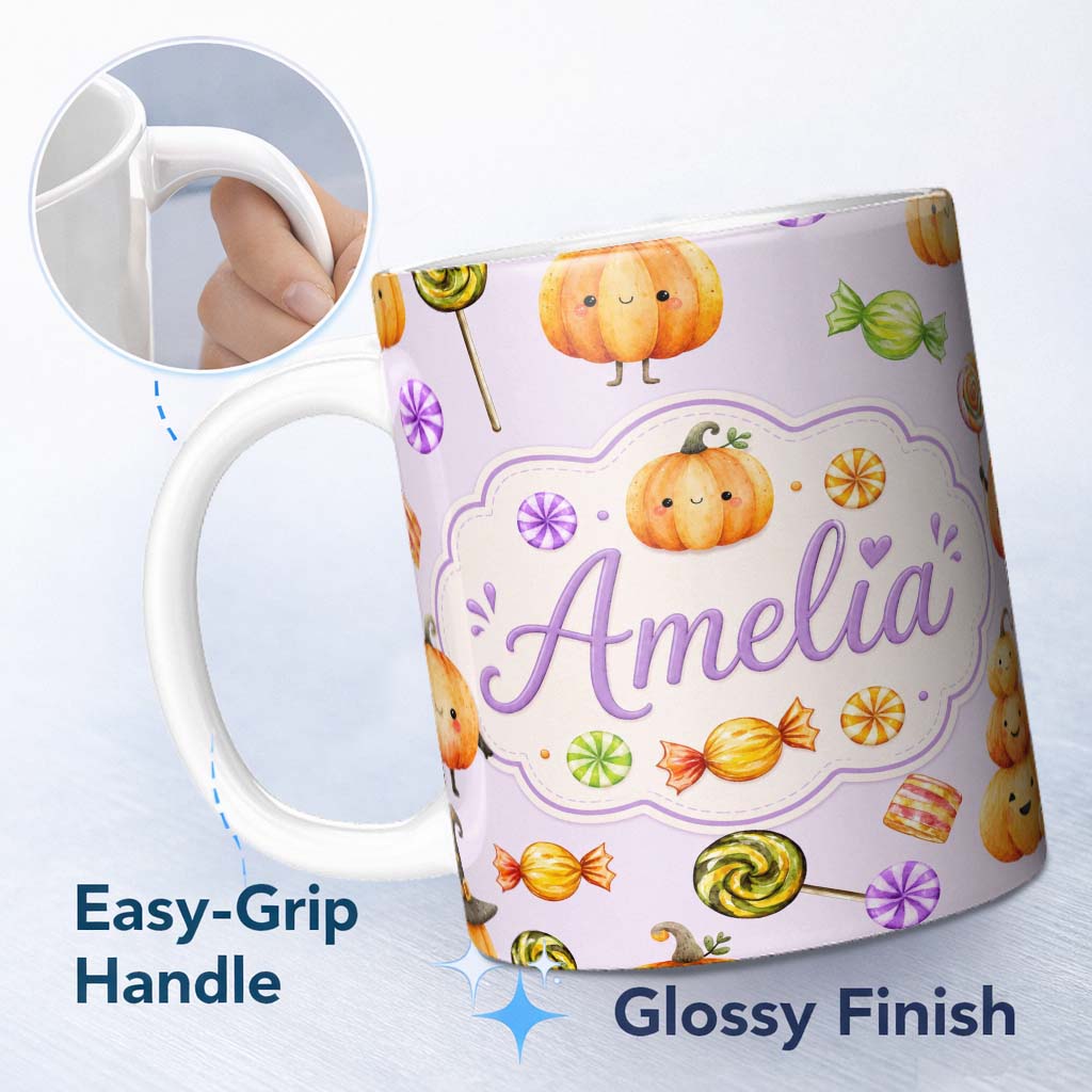 Personalized Custom Name Cute Watercolor Pumpkins and Candy Sweets on Warm Beige Background 11oz Ceramic Coffee Tea Mug White Large Handle