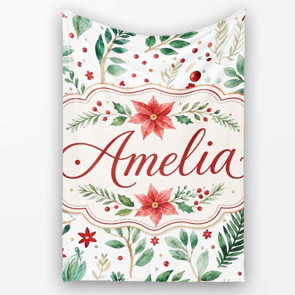 Delicate Christmas Poinsettia Leaves Botanical Watercolor Seamless Personalised Custom Name Super Soft Fleece Blanket Bed Sofa Throw