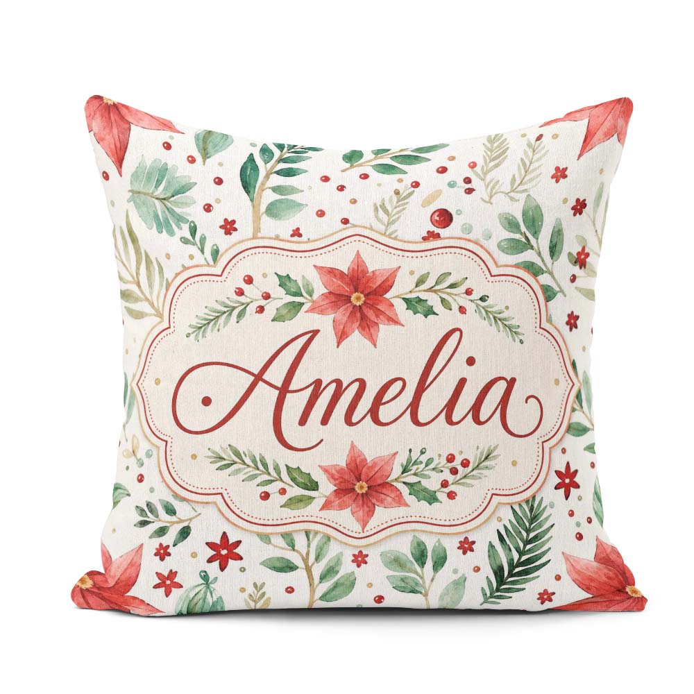 Custom Name Delicate Christmas Poinsettia Botanical Watercolor Square Filled Cushion Throw Pillow Sofa Bed Home Decor Zip Washable UK Made