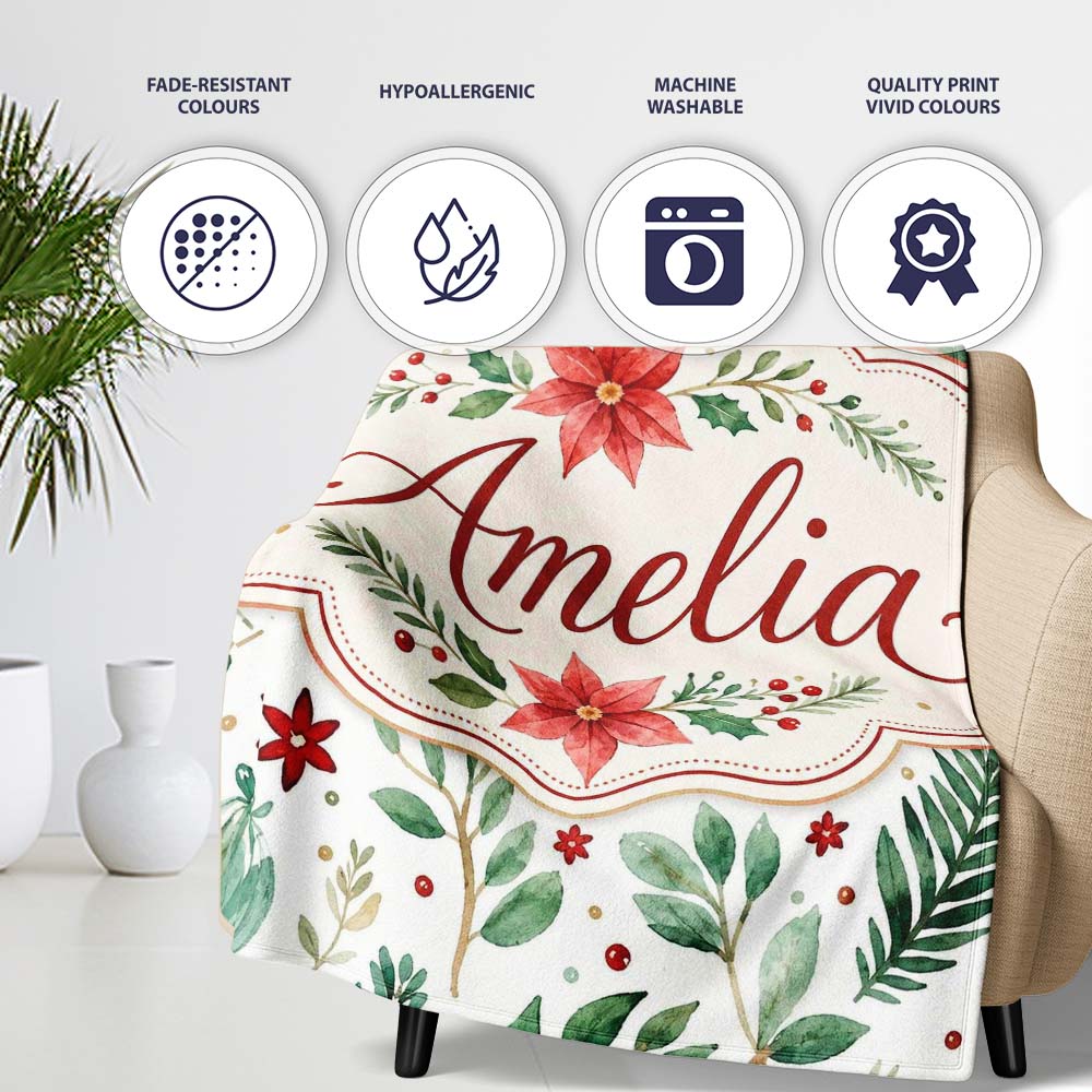 Delicate Christmas Poinsettia Leaves Botanical Watercolor Seamless Personalised Custom Name Super Soft Fleece Blanket Bed Sofa Throw
