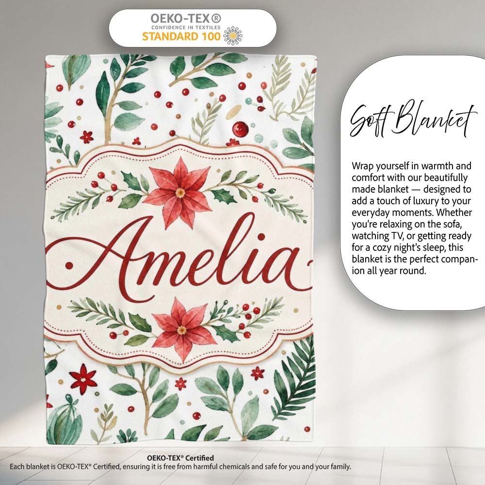 Delicate Christmas Poinsettia Leaves Botanical Watercolor Seamless Personalised Custom Name Super Soft Fleece Blanket Bed Sofa Throw