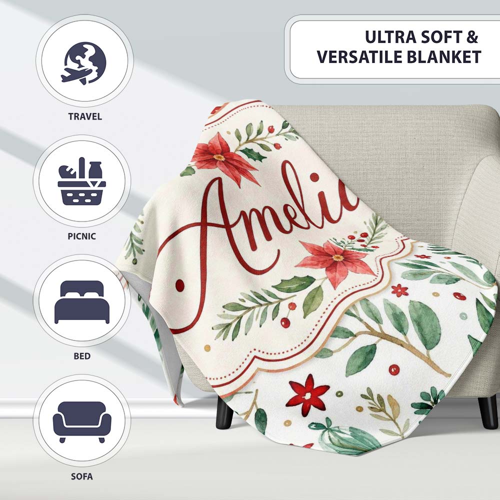 Delicate Christmas Poinsettia Leaves Botanical Watercolor Seamless Personalised Custom Name Super Soft Fleece Blanket Bed Sofa Throw
