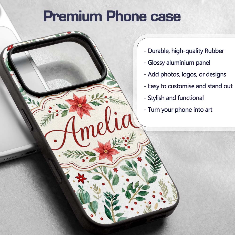 Delicate Christmas Poinsettia Leaves Botanical Custom Name Protective Phone Case Mobile Cover Durable Everyday Smartphone Shock Resistant