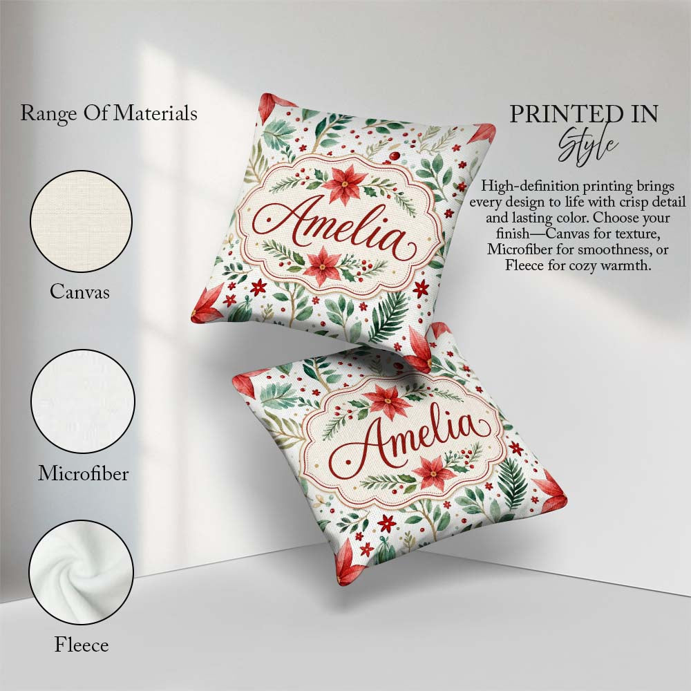 Custom Name Delicate Christmas Poinsettia Botanical Watercolor Square Filled Cushion Throw Pillow Sofa Bed Home Decor Zip Washable UK Made