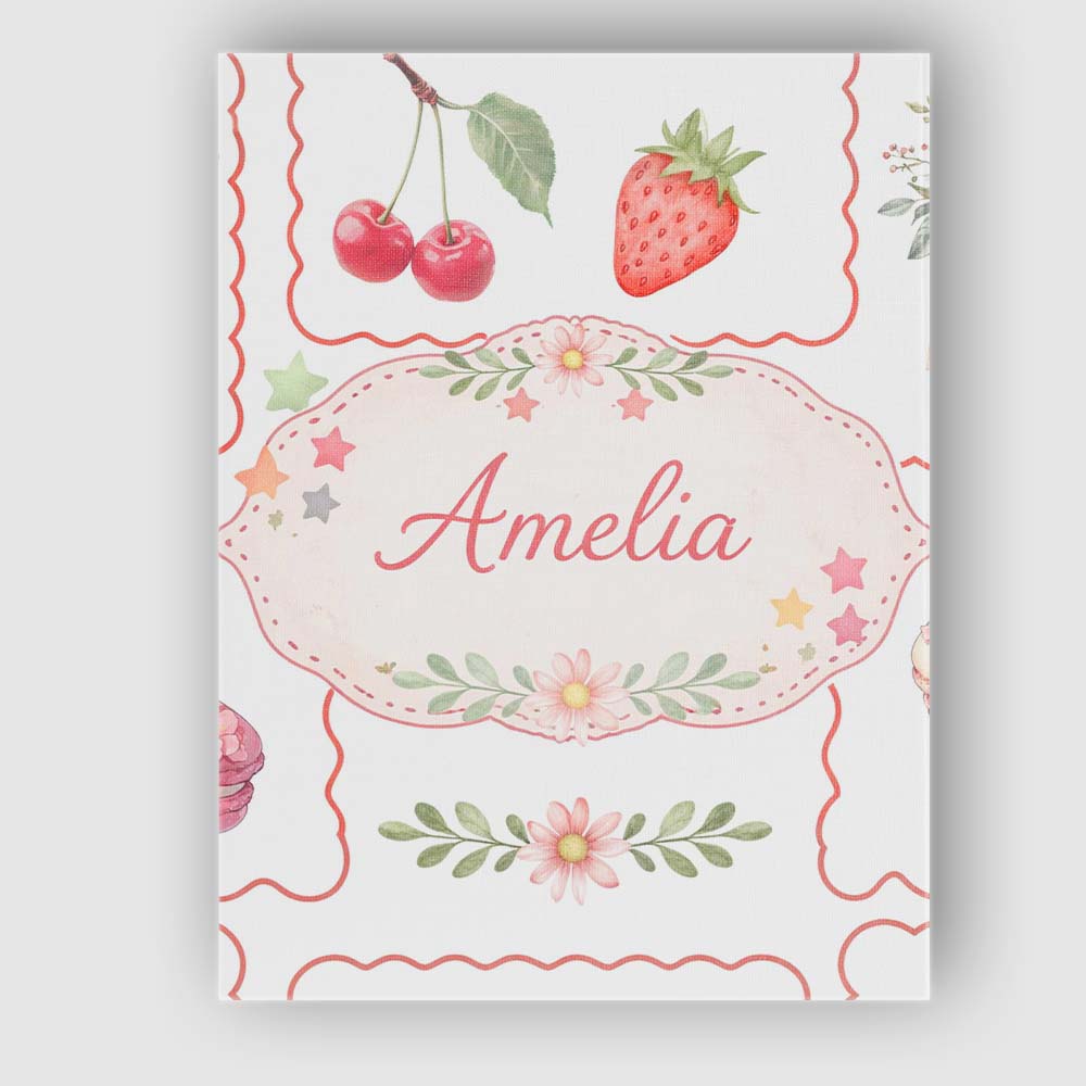 Personalised Name Strawberry Cherry Bow Seamless Pattern Coral Frame Custom Home Canvas Wall Art Print Decor Picture Ready to Hang
