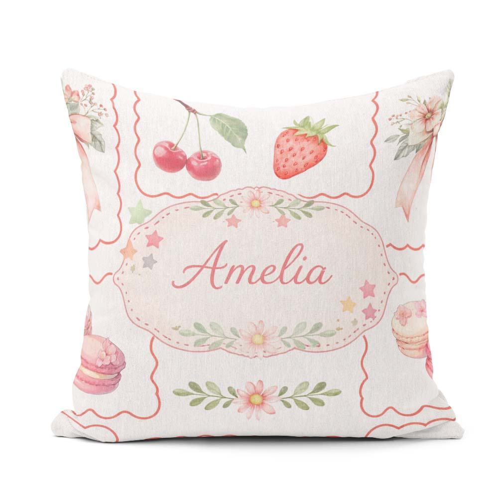 Custom Name Strawberry Bow Seamless Pattern Coral Frame Coquette Square Filled Cushion Throw Pillow Sofa Bed Home Decor Zip Washable UK Made
