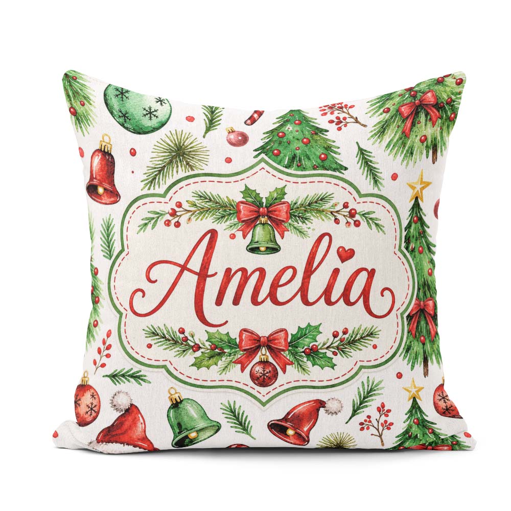 Custom Name Watercolor Christmas Trees Bells Santa Hats Seamless Square Filled Cushion Throw Pillow Sofa Bed Home Decor Zip Washable UK Made