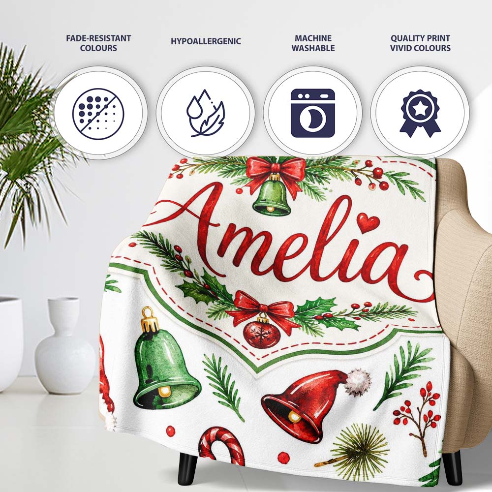 Watercolor Christmas Trees Bells Santa Hats Festive Seamless Pattern Personalised Custom Name Super Soft Fleece Blanket Bed Sofa Throw