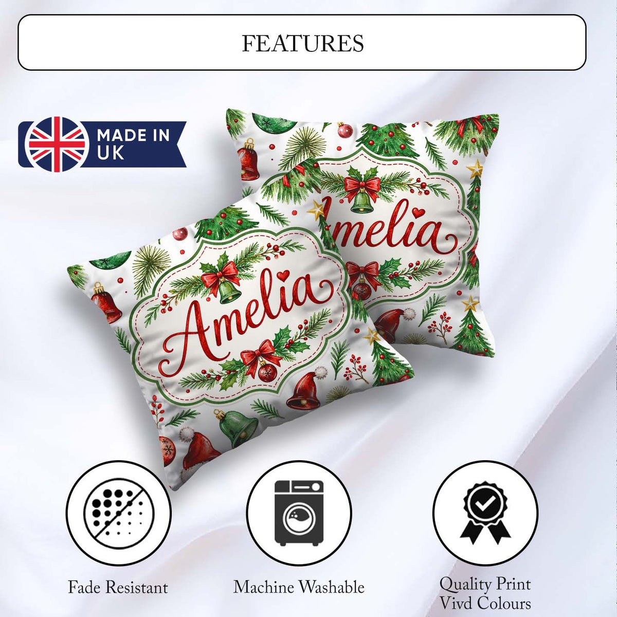 Custom Name Watercolor Christmas Trees Bells Santa Hats Seamless Square Filled Cushion Throw Pillow Sofa Bed Home Decor Zip Washable UK Made