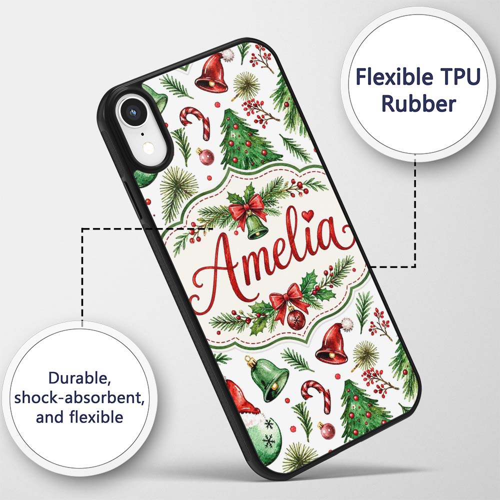 Watercolor Christmas Trees Bells Printed Design Custom Name Protective Phone Case Mobile Cover Durable Everyday Smartphone Shock Resistant
