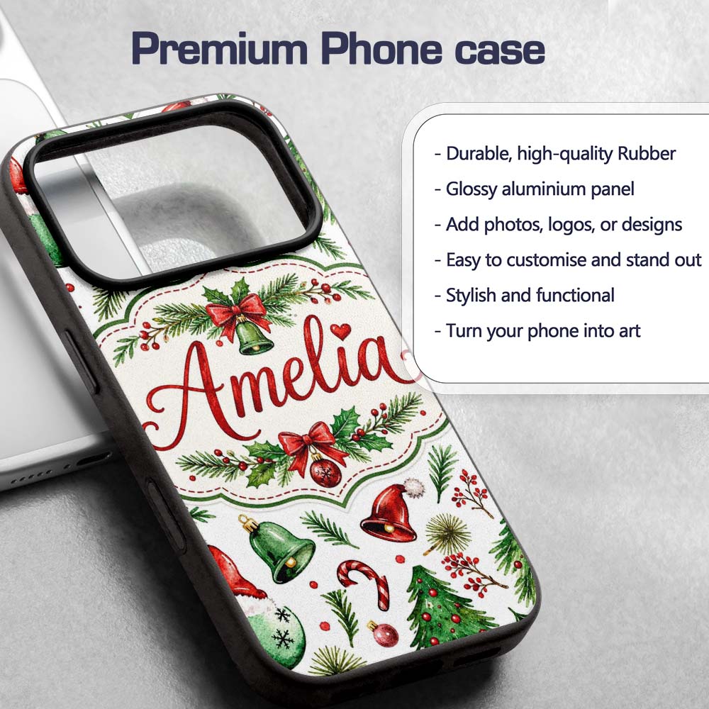 Watercolor Christmas Trees Bells Printed Design Custom Name Protective Phone Case Mobile Cover Durable Everyday Smartphone Shock Resistant