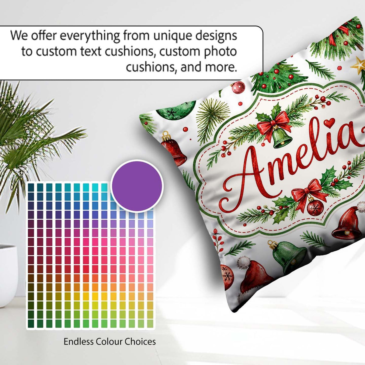 Custom Name Watercolor Christmas Trees Bells Santa Hats Seamless Square Filled Cushion Throw Pillow Sofa Bed Home Decor Zip Washable UK Made