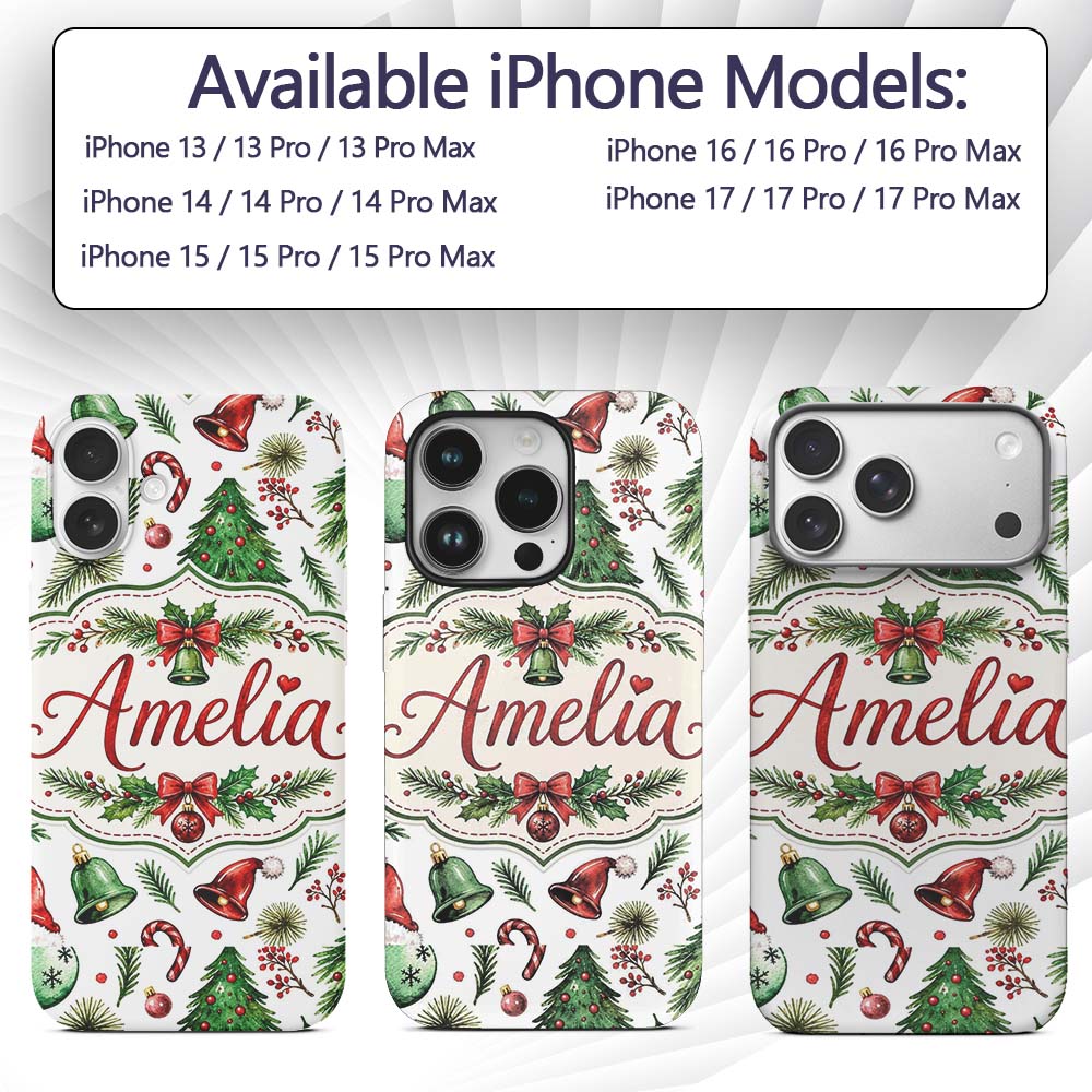 Watercolor Christmas Trees Bells Printed Design Custom Name Protective Phone Case Mobile Cover Durable Everyday Smartphone Shock Resistant