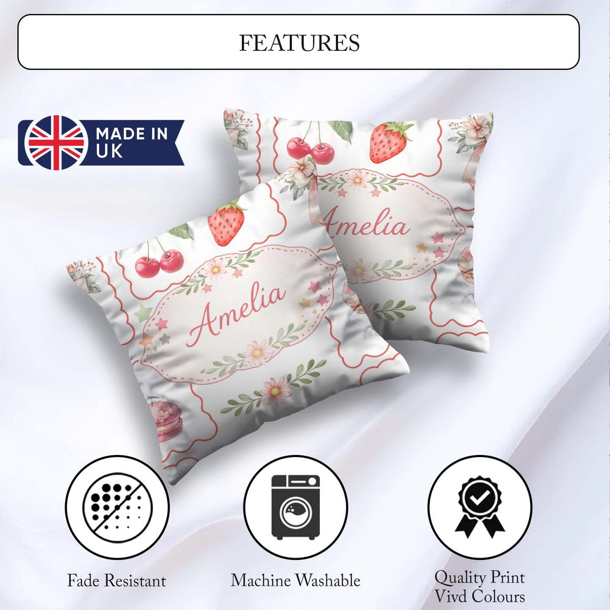 Custom Name Strawberry Bow Seamless Pattern Coral Frame Coquette Square Filled Cushion Throw Pillow Sofa Bed Home Decor Zip Washable UK Made