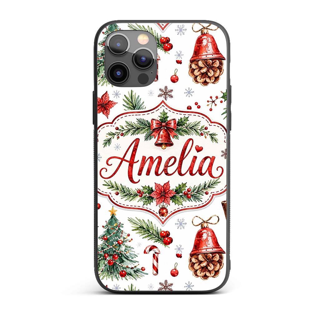 Watercolor Christmas Santa Hat Tree Branches Custom Name Protective Phone Case Mobile Cover Durable Everyday Smartphone Shock Resistant