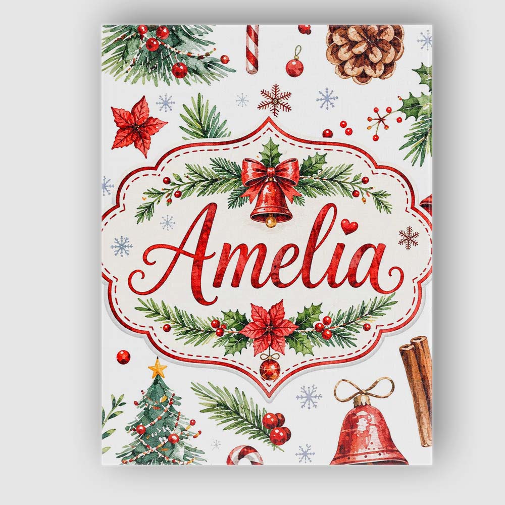 Personalised Name Watercolor Christmas Custom Modern Room Accent Elegant Feature Canvas Wall Art Print Decor Picture Ready to Hang