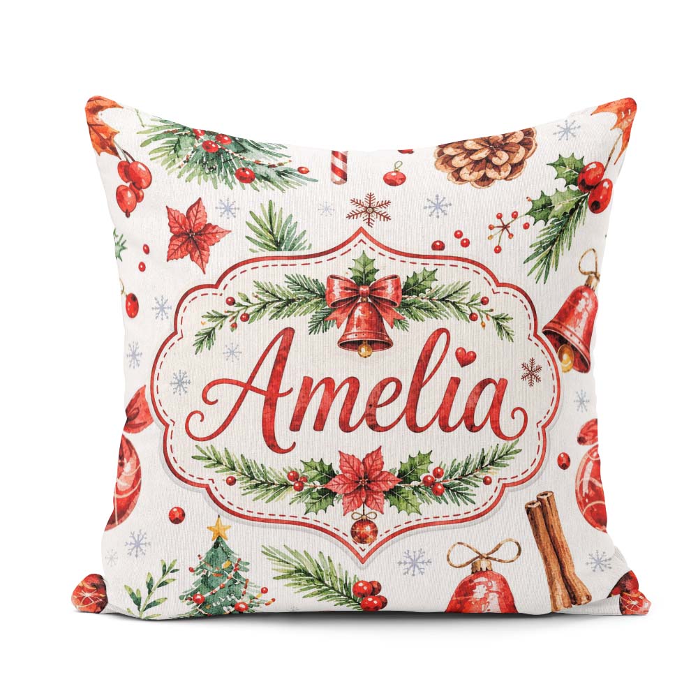 Custom Name Watercolor Christmas Santa Hat Tree Branches Festive Square Filled Cushion Throw Pillow Sofa Bed Home Decor Zip Washable UK Made