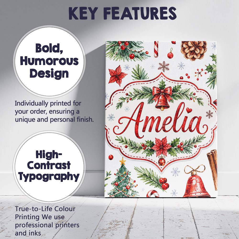 Personalised Name Watercolor Christmas Custom Modern Room Accent Elegant Feature Canvas Wall Art Print Decor Picture Ready to Hang