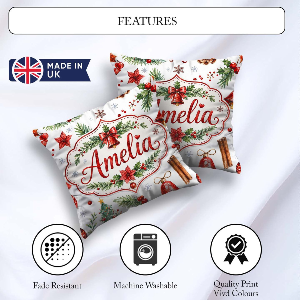 Custom Name Watercolor Christmas Santa Hat Tree Branches Festive Square Filled Cushion Throw Pillow Sofa Bed Home Decor Zip Washable UK Made