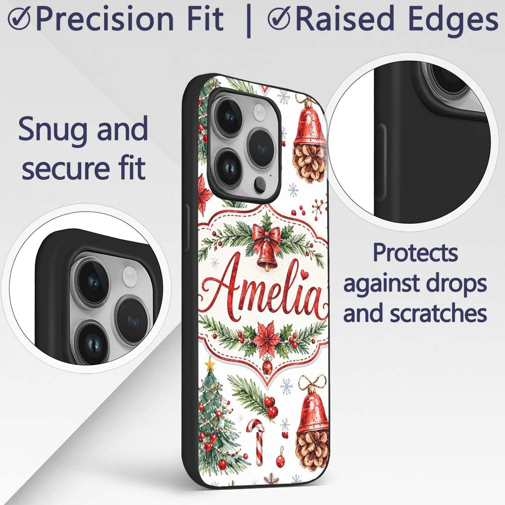 Watercolor Christmas Santa Hat Tree Branches Custom Name Protective Phone Case Mobile Cover Durable Everyday Smartphone Shock Resistant