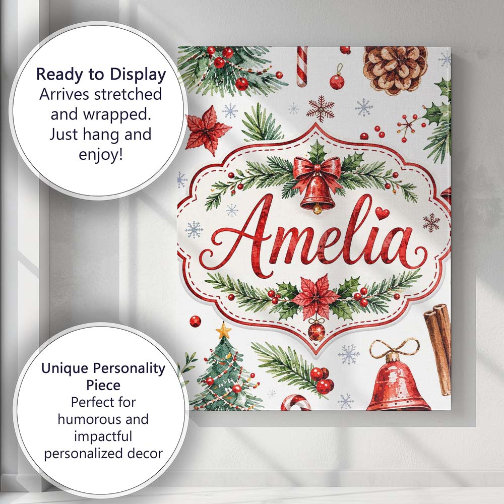 Personalised Name Watercolor Christmas Custom Modern Room Accent Elegant Feature Canvas Wall Art Print Decor Picture Ready to Hang