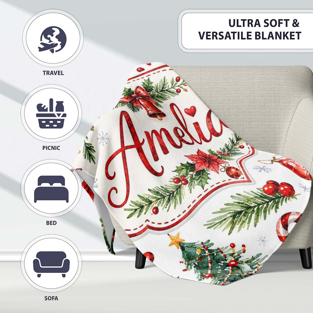Watercolor Christmas Santa Hat Tree Branches Snowflakes Festive Personalised Custom Name Super Soft Fleece Blanket Bed Sofa Throw