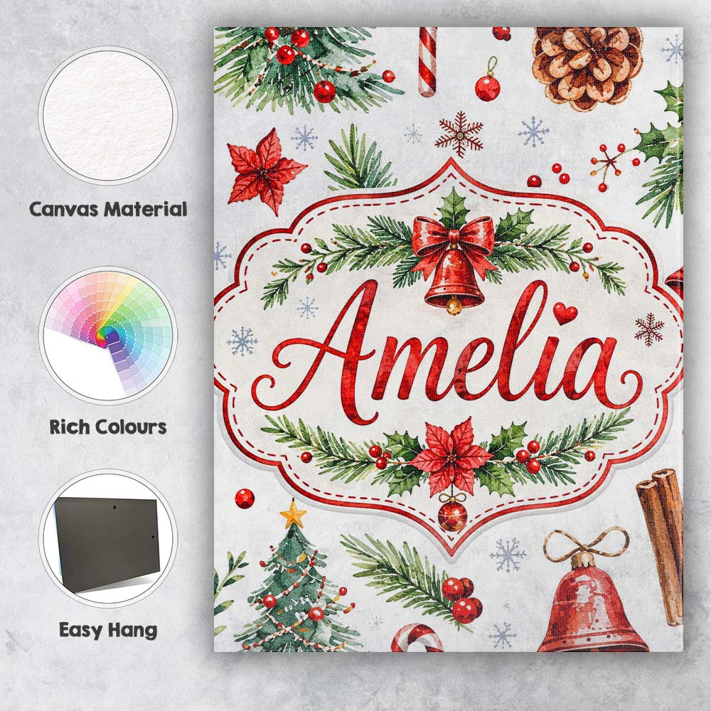 Personalised Name Watercolor Christmas Custom Modern Room Accent Elegant Feature Canvas Wall Art Print Decor Picture Ready to Hang