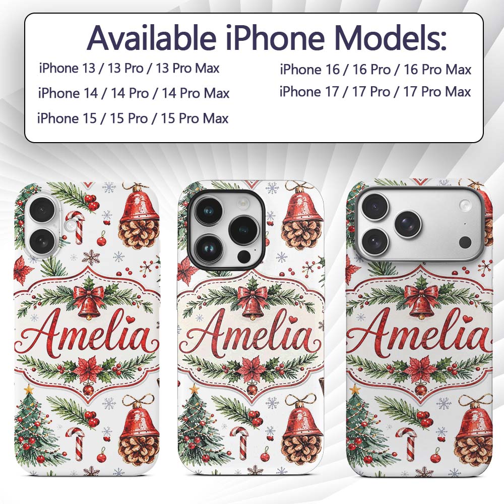 Watercolor Christmas Santa Hat Tree Branches Custom Name Protective Phone Case Mobile Cover Durable Everyday Smartphone Shock Resistant
