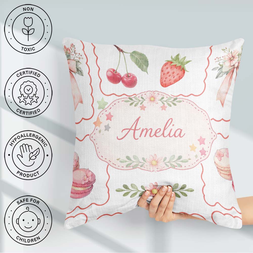 Custom Name Strawberry Bow Seamless Pattern Coral Frame Coquette Square Filled Cushion Throw Pillow Sofa Bed Home Decor Zip Washable UK Made