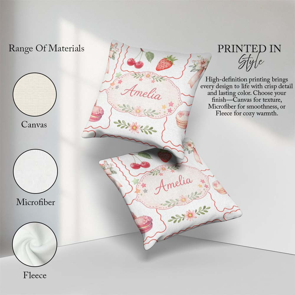 Custom Name Strawberry Bow Seamless Pattern Coral Frame Coquette Square Filled Cushion Throw Pillow Sofa Bed Home Decor Zip Washable UK Made