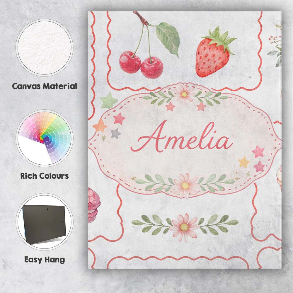 Personalised Name Strawberry Cherry Bow Seamless Pattern Coral Frame Custom Home Canvas Wall Art Print Decor Picture Ready to Hang