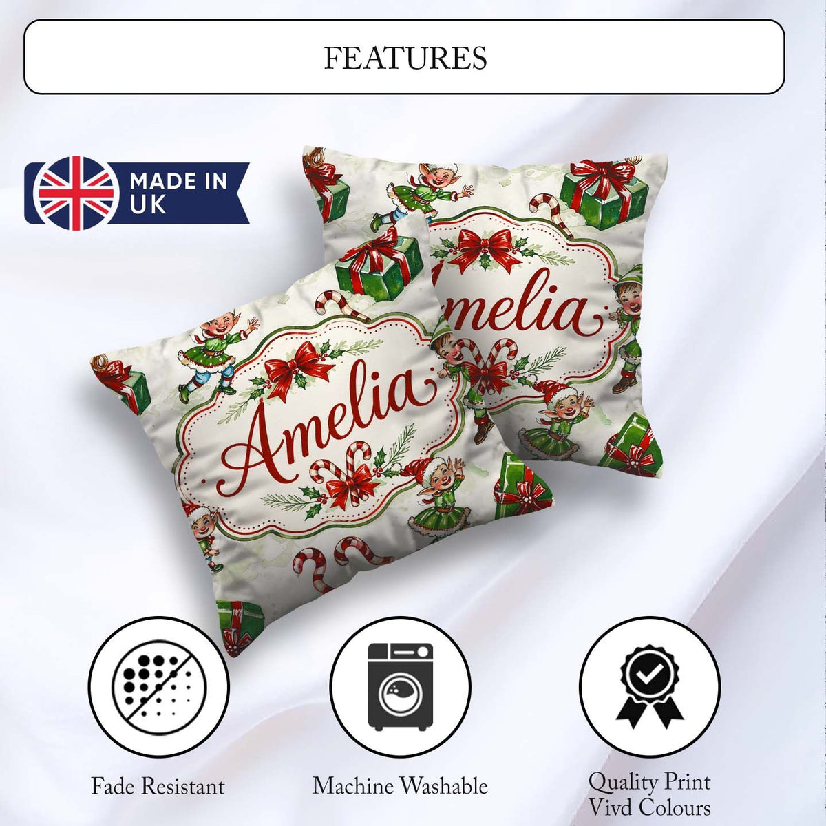 Custom Name Playful Christmas Elves Gifts Candy Festive Seamless Square Filled Cushion Throw Pillow Sofa Bed Home Decor Zip Washable UK Made