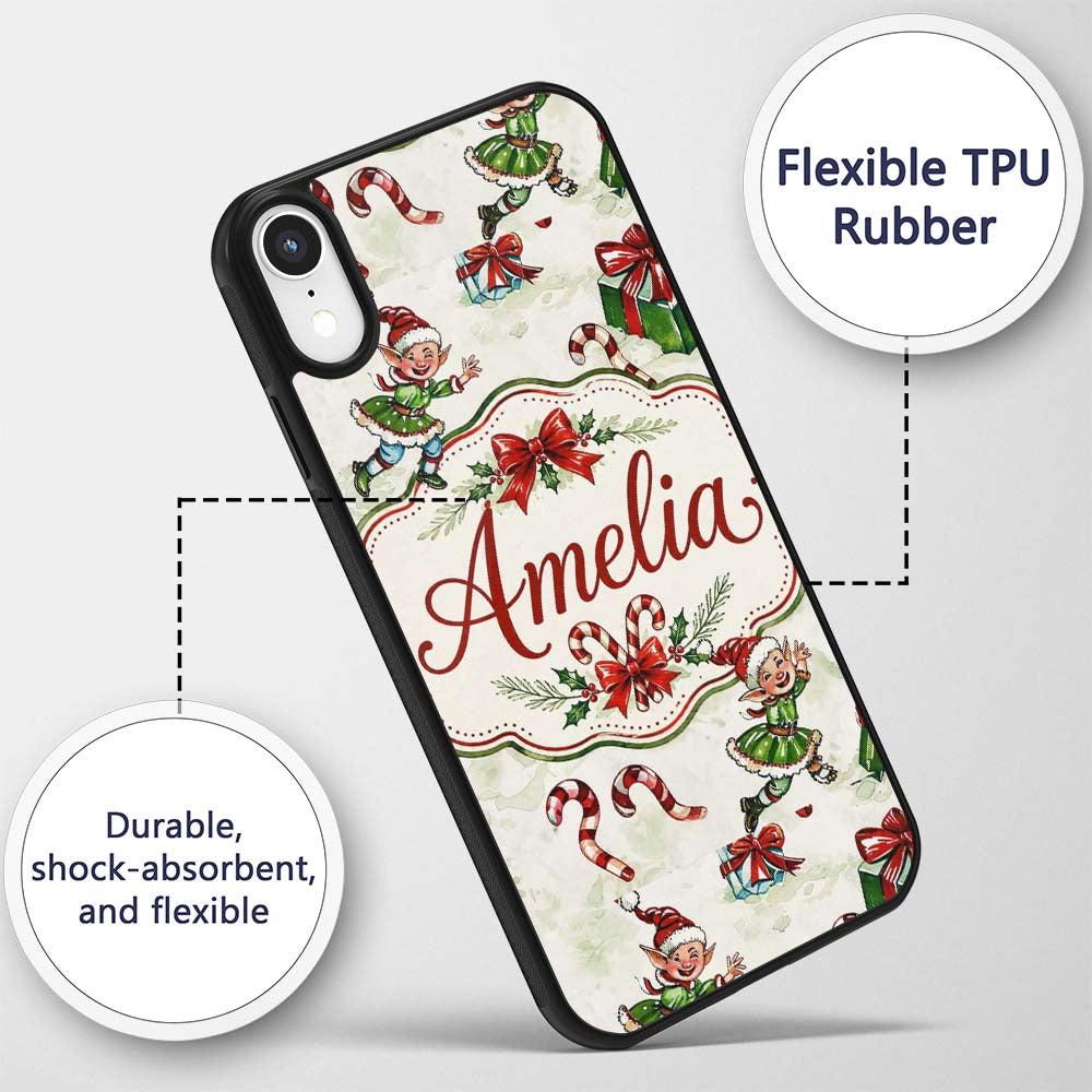 Playful Christmas Elves Gifts Candy Cane Festive Custom Name Protective Phone Case Mobile Cover Durable Everyday Smartphone Shock Resistant