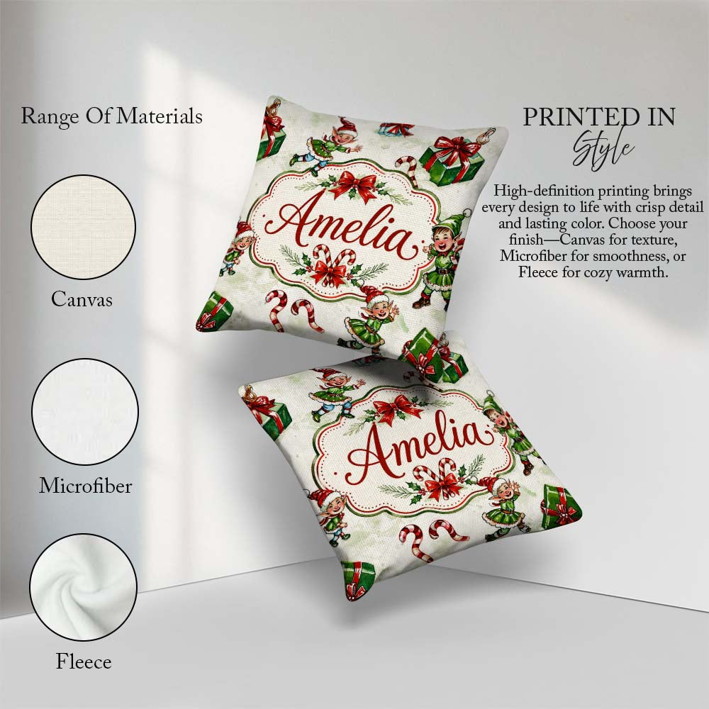 Custom Name Playful Christmas Elves Gifts Candy Festive Seamless Square Filled Cushion Throw Pillow Sofa Bed Home Decor Zip Washable UK Made