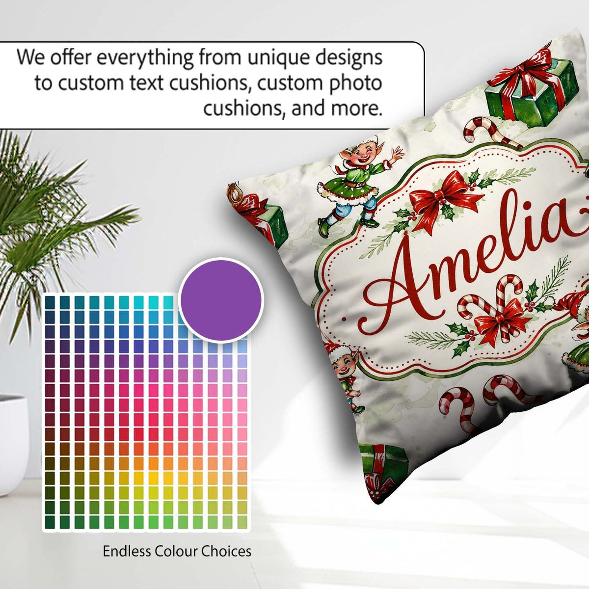 Custom Name Playful Christmas Elves Gifts Candy Festive Seamless Square Filled Cushion Throw Pillow Sofa Bed Home Decor Zip Washable UK Made